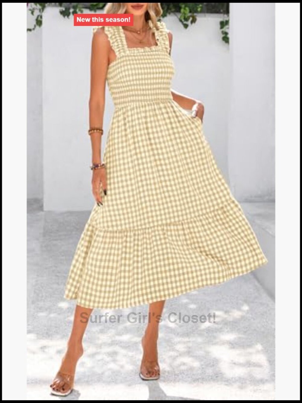 Womens Square Neck Ruffle Strap Smocked Midi Flowy A-Line Dress - Picture 6 of 7